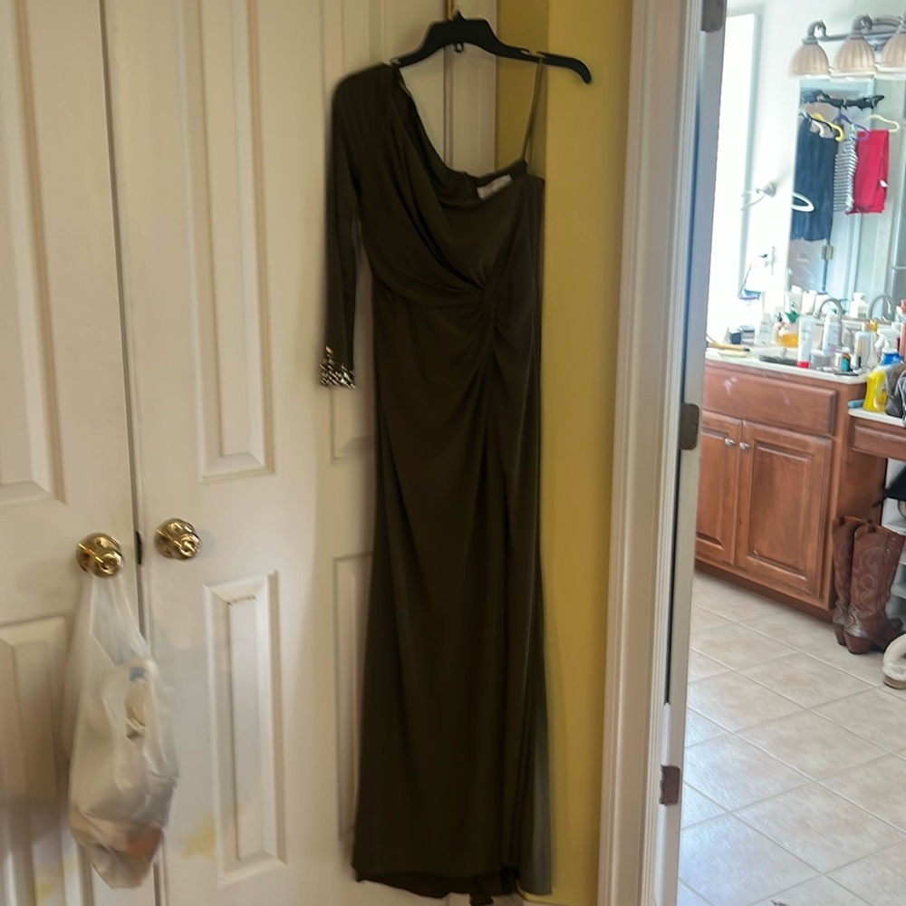 Olive green one sleeve gown by Mac Duggal